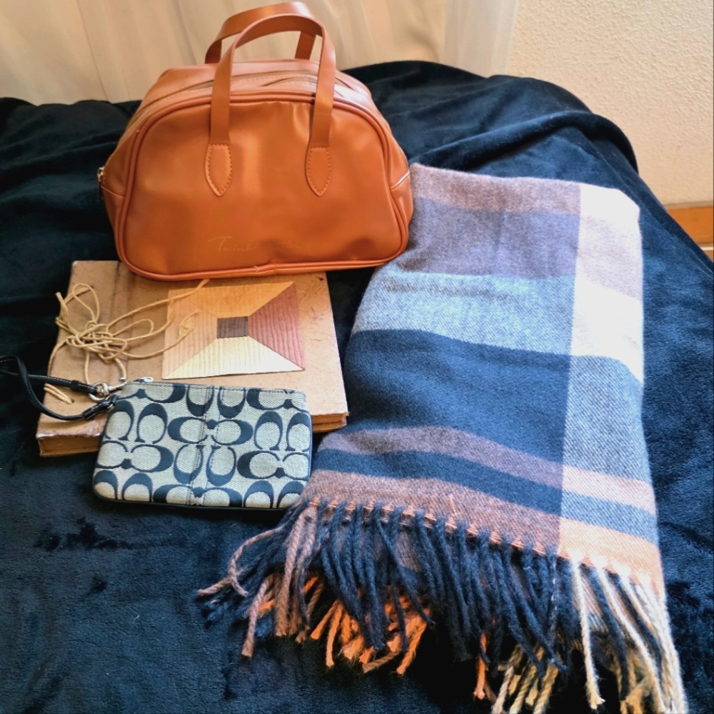 FALL BUNDLE:Tan Toiletry, Coach Wristlet, Plaid Pashmina Scarf, Handmade Journal